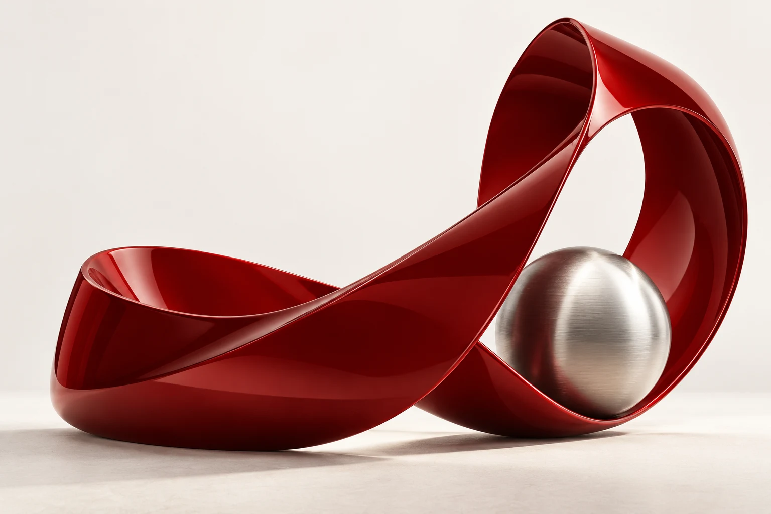 Crimson architectural ribbon and silver sphere