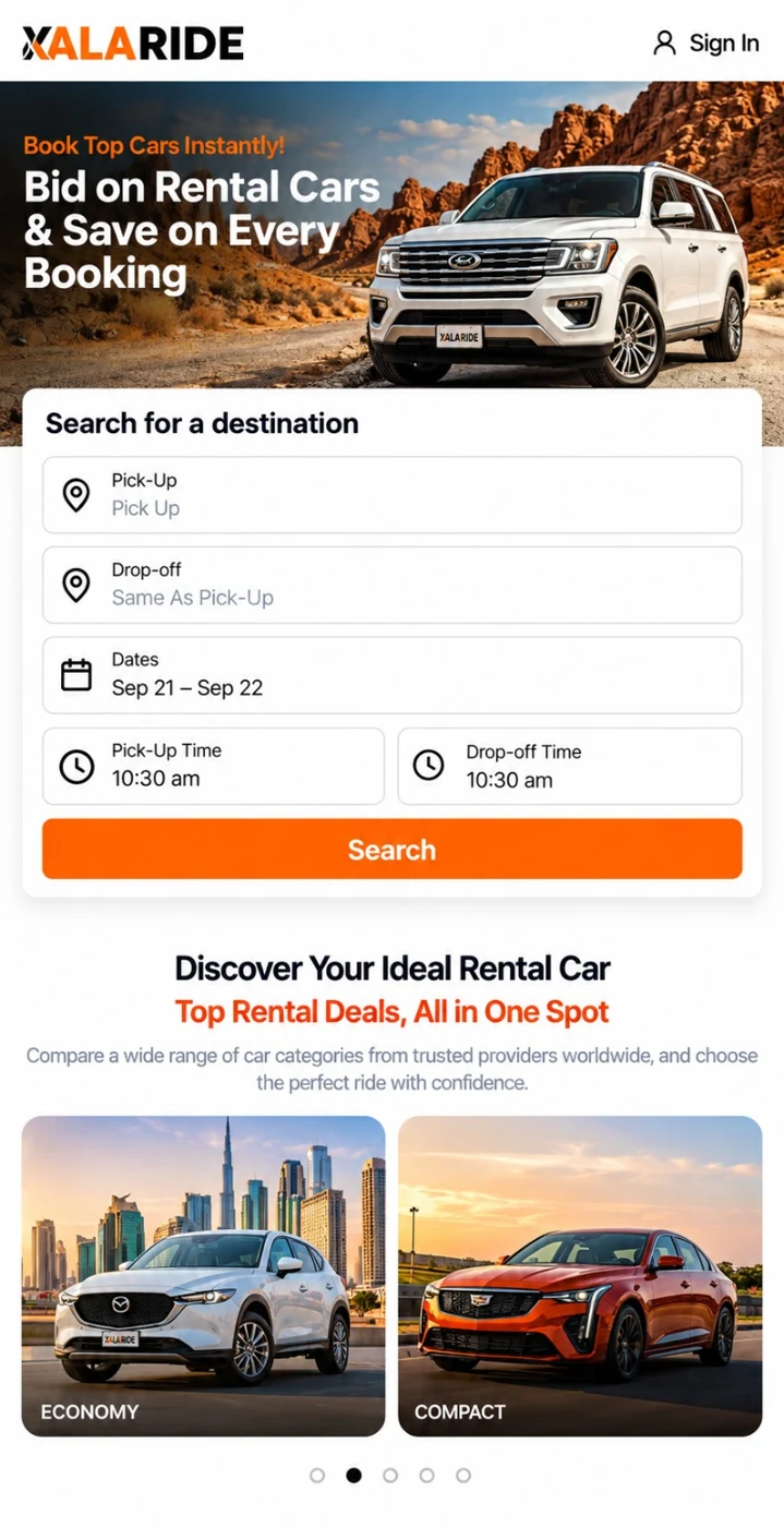 YalaRide car rental marketplace on a mobile device